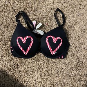pink VS victoria’s secret black candy cane heart push up bra